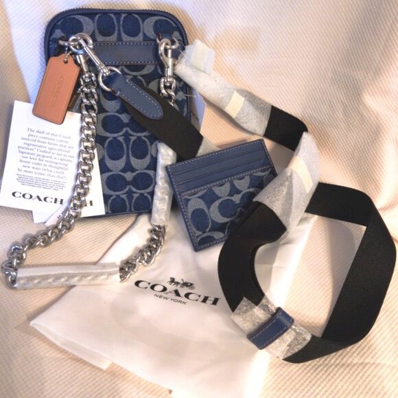 Coach Deep Blue Signature Denim Phone Bag, Wallet, Chain Triple Bundle, NWT - Picture 1 of 11